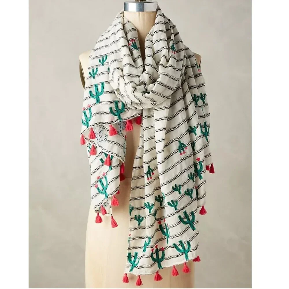 NWT RARE Anthropologie Embroidered Cactus Scarf
